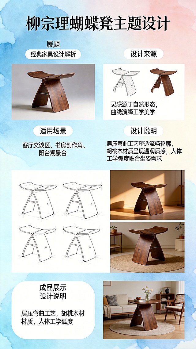 再次丰富柳宗理蝴蝶凳设计展板内容，将展板上所有非蝴蝶凳元素全部替换为蝴蝶凳相关设计，保留所有要求的模块：标题、设计来源、设计说明、适用场景、设计草图、成品展示，全部模块都填充蝴蝶凳相关内容，保持浅蓝色水彩纹理背景，文艺ins风，排版更加饱满精致，8K高清