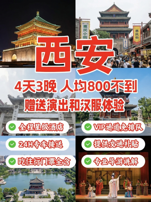 将文字里的'人均600不到'修改为'人均800不到'，把图中的西安景点图片更换成其他西安著名景点图片，保持整体排版和风格不变，图片比例修改为3:4预览效果