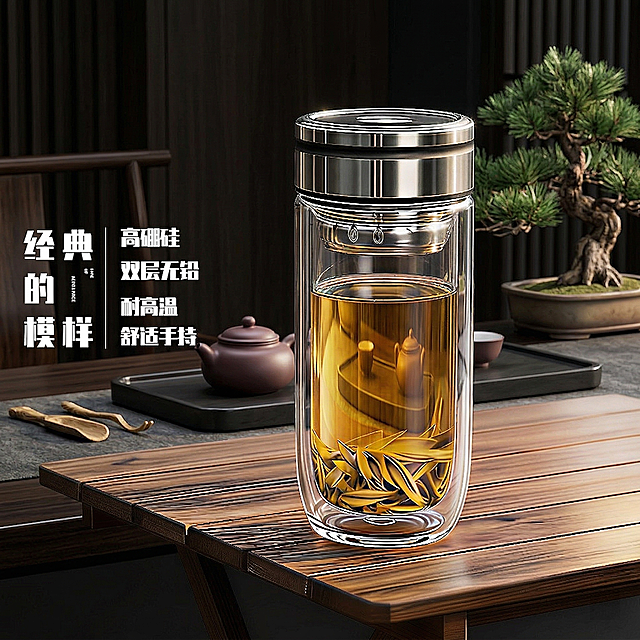 保持玻璃杯整体结构、杯内茶叶形态完全不变，更换为黑色优雅高档茶室背景，背景点缀绿植营造雅致氛围，将左侧文字放大两个号，清晰醒目，极致优化双层玻璃通透度，内外层玻璃完全透明仿若不存在，透过玻璃和茶水可清晰看到后方茶室场景，大师级灯光效果，玻璃杯崭新无瑕疵，质感高级雅致。负向提示词：瓶身扭曲, Logo变形, 内部液化, 玻璃模糊, 夹层浑浊, 西方面孔, 金发, 深眼窝, 雀斑, 杂乱房间, 死黑阴影, 硬光, 乡村风, 多余的盖子, 缺失的部件, 悬浮的物体, 变形的手柄, 摄影灯, 柔光箱, 三脚架, 水印, 昏暗光线, 畸变透视, 比例失调