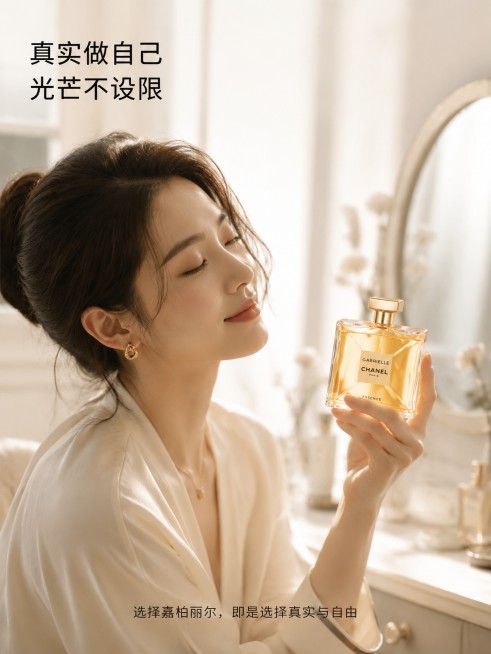 [第5屏] 氛围展示，自信女性手持香奈儿嘉柏丽尔香水场景。
[氛围/风格] 高级生活感，法式优雅氛围感，质感商业摄影。
[元素布局] 画面主体为优雅亚洲女性半身，手部自然持握香奈儿嘉柏丽尔香水瓶，香水预览效果