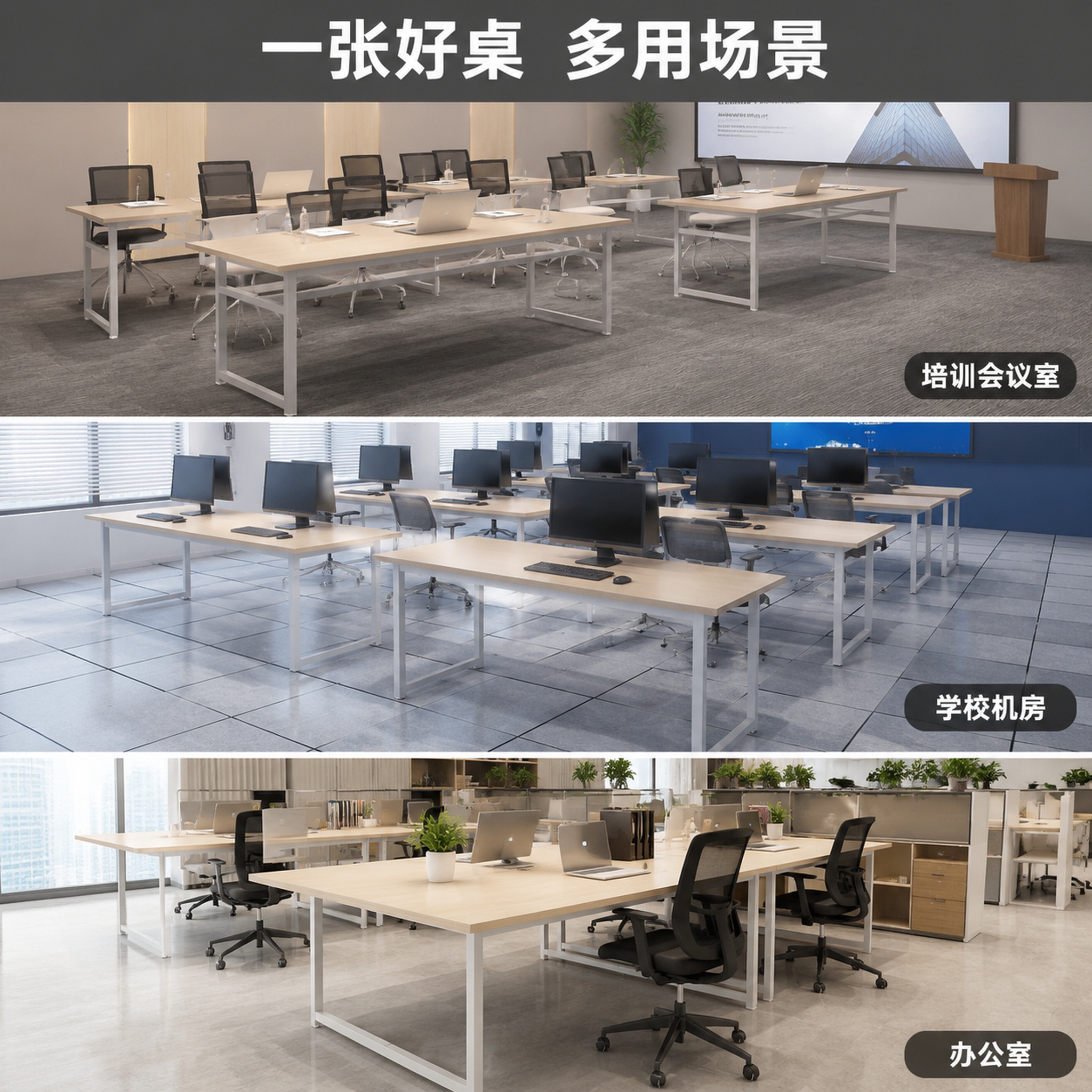 [主图-4] 钢架长条桌多场景适用展示图 [氛围风格] 多场景… - 图片创意预览