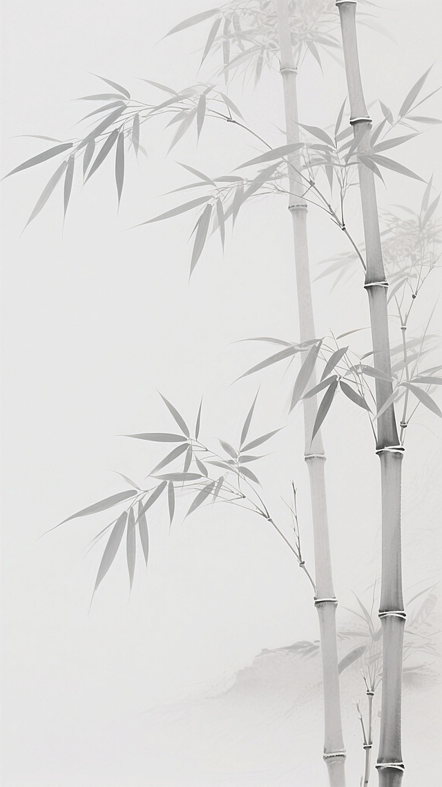 淡雅的浅灰色竹叶与竹枝构成的中式背景，采用大面积纯净白色留白，呈现出简约雅致的水墨风格意境，竹叶形态纤细舒展，竹枝线条流畅自然，整体画面清新空灵，具有浓厚的东方美学韵味，视觉层次简洁明了，以极简的设计语言传达出宁静致远的氛围。