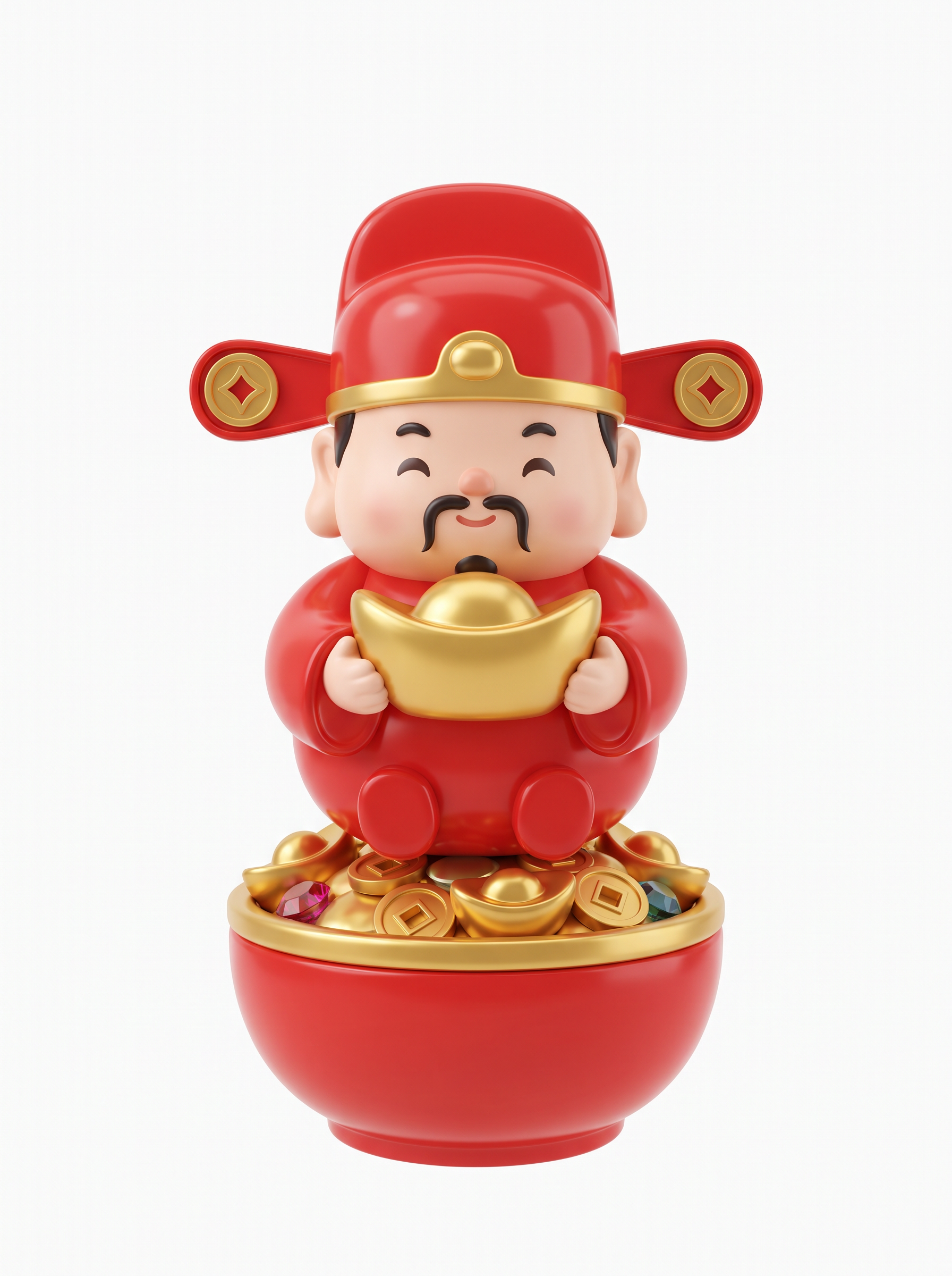 潮玩风格财神玩具摆件，正交正视图，纯白背景无投影。上半部分为全… - 图片创意预览