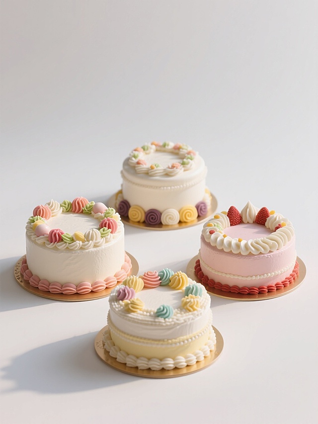 4个不同外观样式配色的生日蛋糕，白色背景，排列整齐。每个蛋糕都有光滑细腻的奶油质地，精致的裱花装饰，丰富的色彩搭配，立体感强，光影柔和，高光自然，阴影细节丰富，整体呈现出高品质的3D写实风格，构图对称平衡，视觉层次分明，信息传达清晰，具有现代简约的设计感。