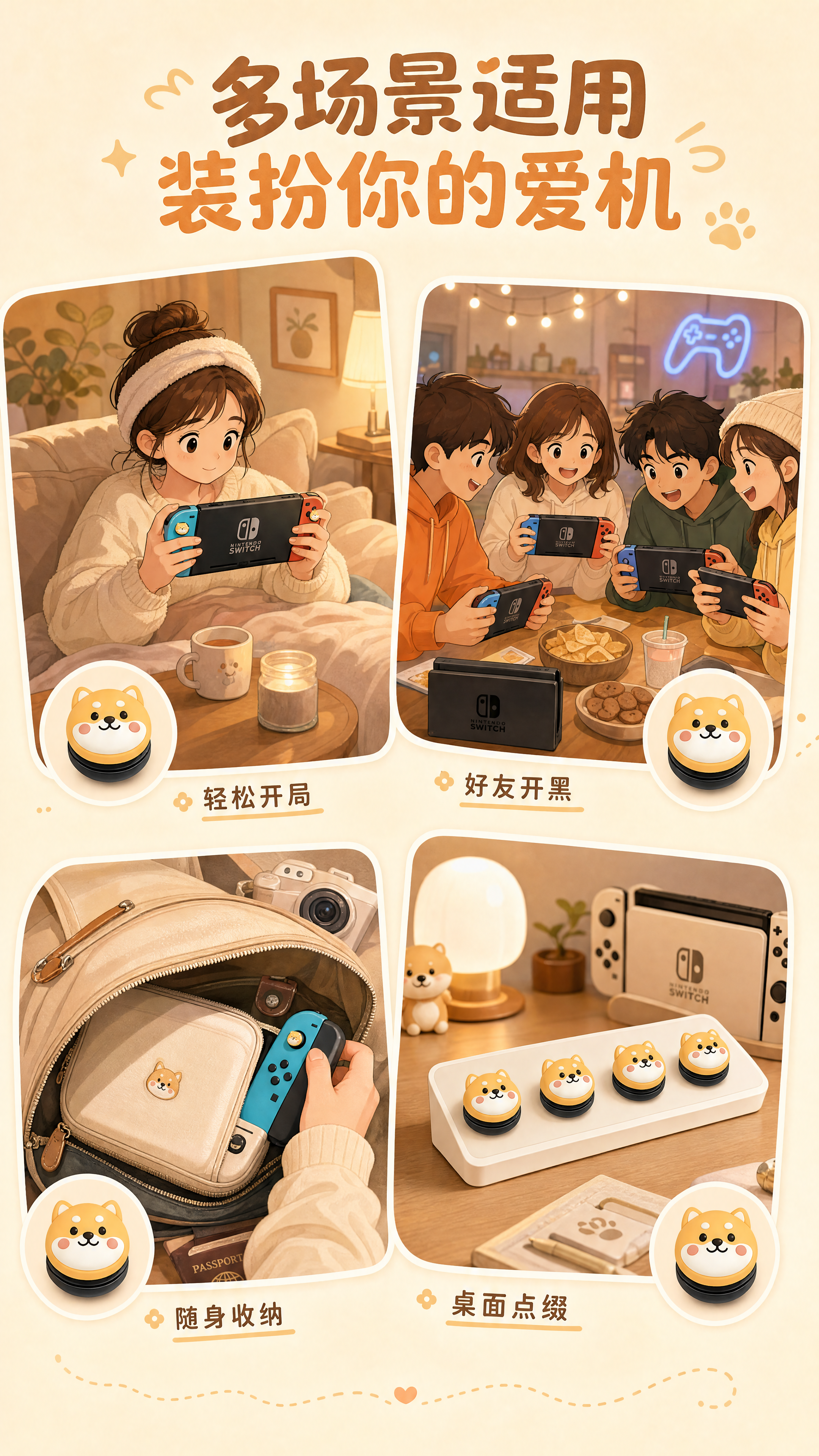 [第7屏] SWITCH卡通摇杆帽多场景适用展示页，采用四格拼… - 图片创意预览