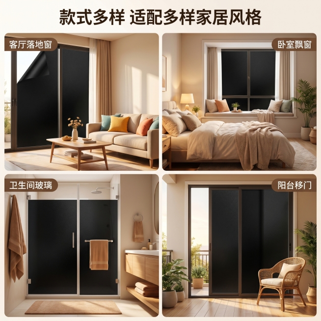 [主图 4] 隐私窗膜多场景适配展示。[氛围风格] 温馨舒适家居治愈风。[画质] 商业摄影质感、光线柔和通透、产品清晰真实、画面干净高级。[元素] 四宫格构图，分别展示本款隐私窗膜在客厅落地窗、卧室飘预览效果