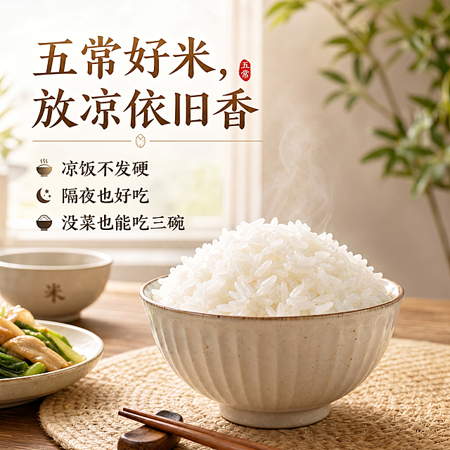 去掉背景图中五常大米的包装袋，三段小字变大一点