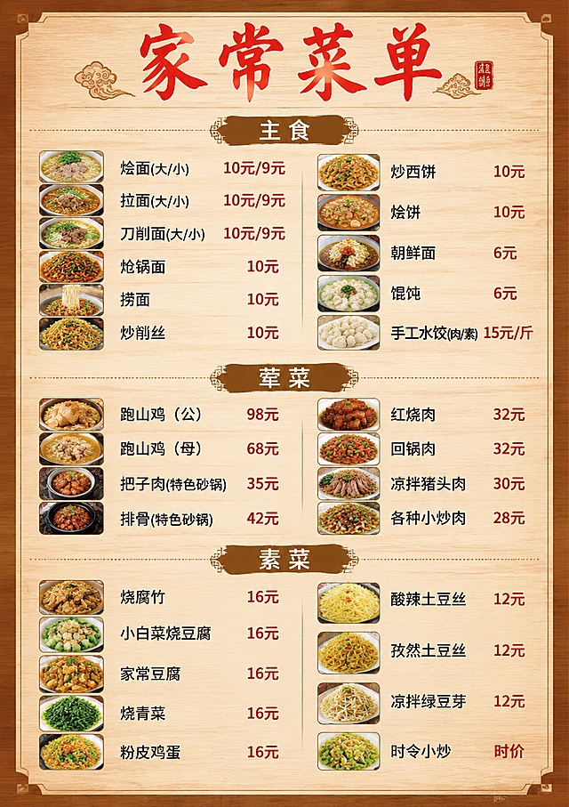 A4竖版中式餐厅菜单正面设计，4K高清，温馨家常饭馆风格，暖色调木质纹理背景，顶部有红色书法字体"家常菜单"标题，下方分三个菜品板块，每个菜名旁边配有对应菜品的精美实拍小图。第一板块"主食"包含：烩面(大/小)10元/9元、拉面(大/小)10元/9元、刀削面(大/小)10元/9元、炝锅面10元、捞面10元、炒饼丝10元、炒西饼10元、烩饼10元、朝鲜面6元、馄饨6元、手工水饺(肉/素)15元/斤。第二板块"荤菜"包含：跑山鸡（公）98元、跑山鸡（母）68元、把子肉(特色砂锅)35元、排骨(特色砂锅)42元、红烧肉32元、回锅肉32元、凉拌猪头肉30元、各种小炒肉28元。第三板块"素菜"包含：烧腐竹16元、小白菜烧豆腐16元、家常豆腐16元、烧青菜16元、粉皮鸡蛋16元、酸辣土豆丝12元、孜然土豆丝12元、凉拌绿豆芽12元、时令小炒。排版整齐清晰，菜名用黑色宋体，价格用红色加粗，每个菜品配圆形或方形小图展示菜品样貌，整体风格朴实有食欲，适合打印使用。