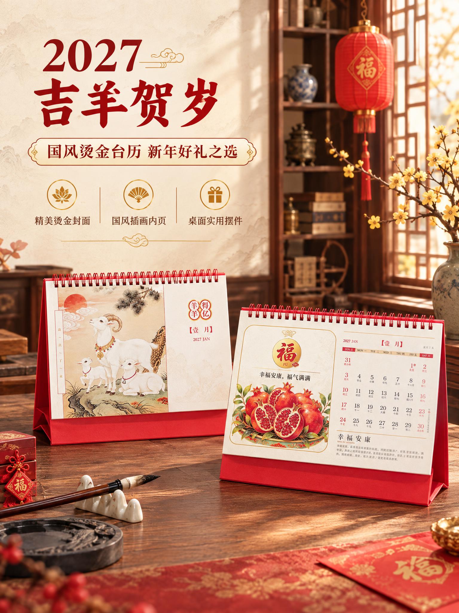 [商品] 使用【图1】工笔三羊内页款台历与【图3】石榴福字款台… - 图片创意预览