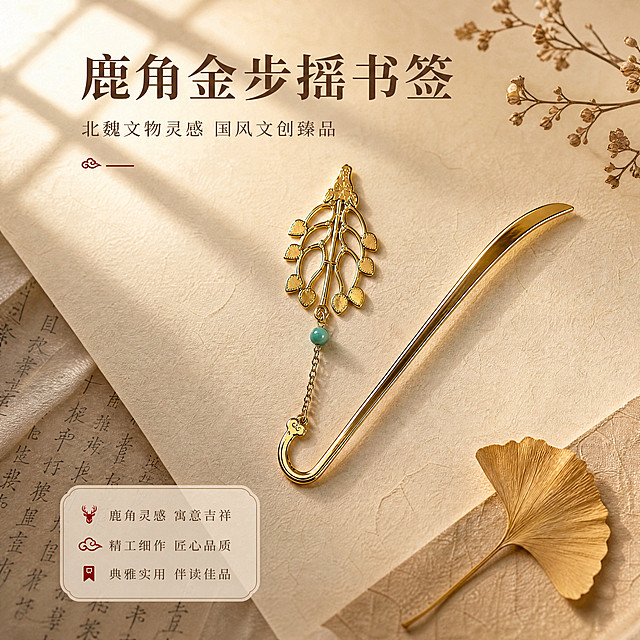 将这张图的尺寸调整为1:1正方形比例，同时增加光影细节：
1. 画面裁剪/扩展为1:1正方形，保持书签主体居中，上下左右构图均衡，顶部标题和底部卖点卡完整保留。
2. 左上角增加窗格投射的柔和菱形光影条纹，斜向洒落在画面左上区域，增加明暗层次。
3. 金属书签增强光影细节：书签杆增加细腻高光带，镂空吊饰增加明暗对比突出浮雕感，绿松石圆珠增加通透高光，底部增加自然接触阴影。
4. 银杏叶和古籍书页增加柔和光影，整体画面光影更丰富有质感。
所有文字内容、排版、布局、背景元素全部保持不变，只调整比例和增加光影细节。