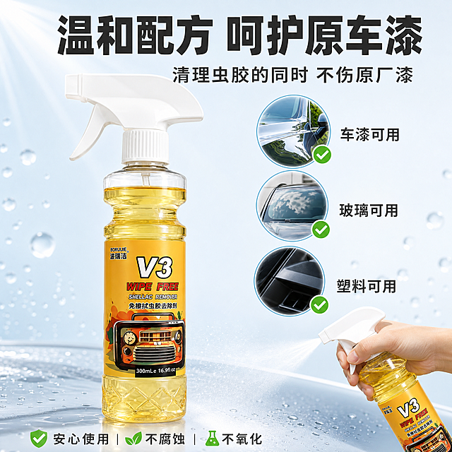 [主图-3] 主题：温和配方 呵护原车漆面，强调安全性，车漆玻璃都能用，不伤原厂漆。
[统一基调] 抖音兴趣电商风，高清实拍质感，洁净安心；主色为洁净白+浅蓝+浅绿+产品橙黄，标题字深灰；字体为粗黑无衬线大字标题，辅助文字为常规无衬线中文字；整体干净通透，传递安全放心感。
[画面] 产品V3虫胶去除剂（透明瓶身黄色液体，白色喷头，标签完整）位于画面中央偏左，占画面约45%，略微仰视，瓶身液体有通透侧逆光质感。右侧展示三种材质表面的圆形特写小图，从上到下依次是：光亮的汽车漆面（有倒影）、透明汽车玻璃、光滑塑料件，每个圆形下方打绿色对勾。背景为浅蓝白渐变，有柔和的光斑和水滴元素，营造洁净安心氛围。底部有一只手轻轻将产品喷洒在车漆表面的局部动作，动作轻柔。
[光影质感] 商业摄影质感，产品主光左上方，液体通透有质感，底部自然接触阴影；材质特写图有真实反光和质感；整体光影柔和干净。
[配色] 浅蓝白渐变背景，深灰标题字，绿色对勾强调安全，产品橙黄色标签自然突出；整体清爽洁净，不刺眼。
[文字版式] 顶部大标题粗黑字「温和配方 呵护原车漆」，下方副标题「清理虫胶的同时 不伤原厂漆」；右侧三个材质特写旁分别标注「车漆可用」「玻璃可用」「塑料可用」；底部小字补充「安心使用 不腐蚀 不氧化」。文字放在右侧和上下负空间，不遮挡产品主体。
[输出要求] 1:1正方形，2048*2048，文字清晰可读，产品清晰不变形，瓶身标签文字完整可辨；禁止变形、错字、模糊、杂乱、水印、平台Logo、夸张特效。
