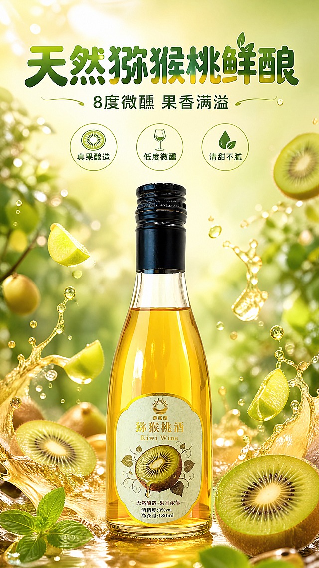 [商品] 使用【图1】黄猕湖猕猴桃酒玻璃瓶；保留瓶身造型、透明玻璃材质、金黄酒液、黑色旋盖、浅绿色标签及所有标签文字（黄猕湖/猕猴桃酒/Kiwi Wine/天然酿造果香浓郁/酒精度8%vol/净含量180ml/猕猴桃图案），不改变瓶身比例和标签内容；商品处理：增强玻璃通透质感和酒液晶莹光泽，自然去瑕疵。
[画面] 目标：食欲氛围头图，突出天然猕猴桃鲜酿果酒。构图：产品居中偏下，占画面约55%，正面微仰视角；上方大标题区，左右及下方环绕新鲜猕猴桃切片、果肉颗粒、金色果汁飞溅、水滴和薄荷叶；前景有猕猴桃半颗特写，背景为渐变嫩绿到浅黄的柔焦果园虚化；前中后三层景深，动感飞溅元素营造清爽鲜活感。
[视觉] 套系策略：风格=清新自然果酒商业摄影风，通透水润高级感；标题字=粗圆体/圆润黑体，活泼有食欲；正文字=简洁无衬线中黑体；主色=猕猴桃嫩绿+金黄；背景延展=基于嫩绿-浅金黄做渐变、柔焦光斑和水润质感层次；强调色=深翠绿，仅用于小面积图标、引线、标签底纹；标题色=深翠绿+金黄渐变；正文色=深墨绿；组件=圆角嫩绿底信息卡、细线引线、圆形卖点icon；光影=左前侧柔光，瓶身有高光反射，整体明亮通透。
[文字] 上方居中主标题"天然猕猴桃鲜酿"，副标题"8度微醺 果香满溢"；下方三个圆形卖点icon横向排列：「真果酿造」「低度微醺」「清甜不腻」；文字全部横排，不遮挡瓶身主体和标签。
[规格] 图片比例9:16竖版，4K，负向：变形、错字、文字过小、标签文字错乱、瓶身比例失真、冷蓝灰背景、浑浊酒液、虚假功效词。