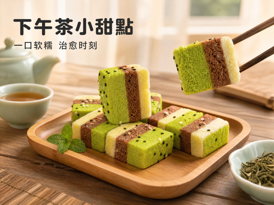 [第4屏] 台州三色糕日常食用场景展示屏。
[氛围/风格] 温馨生活感，浅景深虚化背景，暖调自然光，真实居家氛围，治愈有食欲。
[元素布局] 本屏使用【图1】作为商品主体，将整块切好的台州三色糕摆放在预览效果