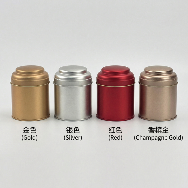 多色SKU展示详情页，金/银/红/香槟金四个颜色茶叶罐整齐并排展示，每个产品下方标注颜色名称，干净浅灰色背景，排列整齐有序，突出多款式可选，1688批发风格简洁清晰预览效果