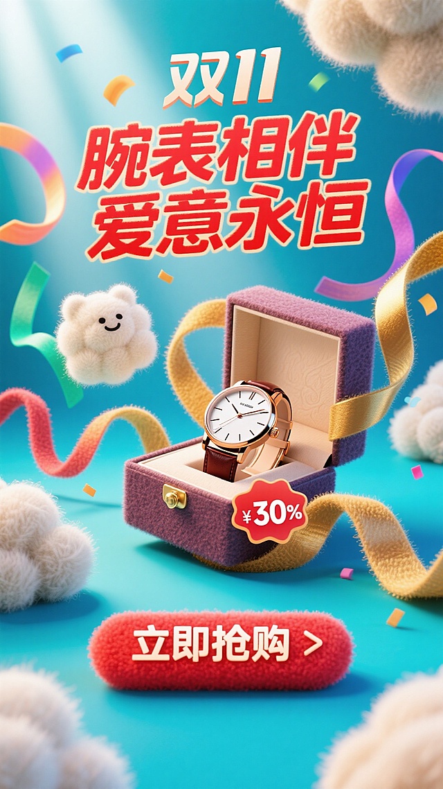 充满活力的双11销售海报构图。一枚优雅的手表放在打开的奢华礼盒中，周围是漂浮的彩带和金色丝带。电商风格，明亮欢快的灯光。“双11”Logo。巨大主标题“腕表相伴 爱意永恒”采用粗体、喜庆的字体。一个大的、令人无法抗拒的红色“立即抢购”按钮，（带有折扣标签降价30%）在底部。商业化，以转化为导向的设计。