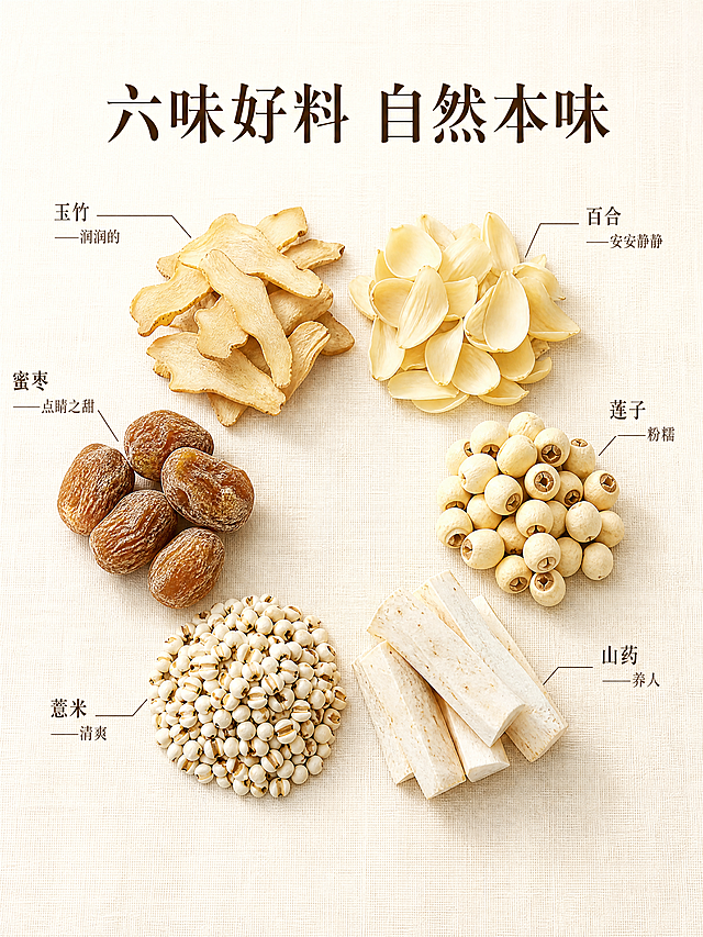 主图5张：

序号 画面 文案
1 4包清补凉围着一碗清亮的汤，颜色淡雅 “广东人四季都喝的清补凉·不寒不燥·清润回甘”
2 撕开一包，玉竹、百合、莲子、山药、薏米、蜜枣铺开 “玉竹·百合·莲子·山药·薏米·蜜枣，就这六味”
3 一碗清补凉排骨汤，汤色清亮见底 “夏天喝消暑，秋天喝润燥，一年四季都能煲”
4 蜜枣特写 “加了一颗蜜枣，汤水自然清甜，不放味精都好喝”
5 白底+文字 “广东阿妈煲了几百年的汤方·简单·经典·好喝”

详情页：

· 模块1：“如果你不知道煲什么汤，就煲清补凉。不寒不燥，清润回甘，一年四季都能喝。广东家庭必备的汤方。”
· 模块2：六味食材围成一圈，逐一标注：“玉竹——润润的”、“百合——安安静静”、“莲子——粉糯”、“山药——养人”、“薏米——清爽”、“蜜枣——点睛之甜”。
· 模块3：“夏天喝，消暑；秋天喝，润燥；春天喝，祛湿；冬天喝，清润。四季皆宜，所以叫清补凉。”
· 模块4：“和排骨、瘦肉一起煲，或者直接素汤都好喝。蜜枣让汤水自然清甜，小朋友也爱喝。”
· 模块5：“45元4包，够煲4次。一家人一起喝，每周煲一次，一个月刚好。”「图片1」「图片1」不要带有宣传功效的词语 和图片如果用到袋子只有食品自封袋