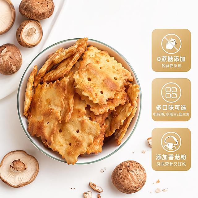 「图片1」「图片1」菇菇珍好苏打饼干符合电商主图标准，背景以温馨白色风格为主，主图款稍微复杂点【菇菇珍好苏打饼干，小图标文字部分：24小时发酵工艺（口感酥脆层次丰富）；0蔗糖添加（轻食物负担）；多口味可选（添加电解质/高蛋白/维生素等）；添加香菇粉（风味营养又好吃）】