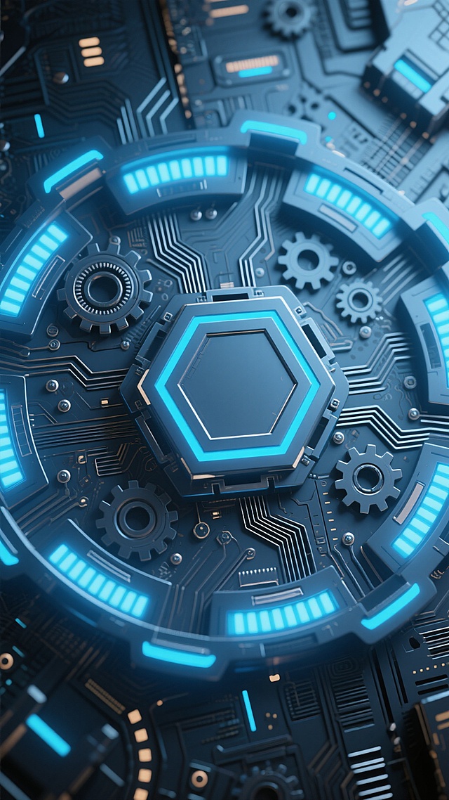 电路板主题的未来科技感3D渲染，以深灰蓝色为主色调，中心为六边形几何结构，周围环绕着复杂的电路纹路和机械齿轮，边缘分布着发光的蓝色LED灯带，整体呈现出精密的金属质感和科技感，光影效果突出，具有强烈的视觉冲击力和层次感。
