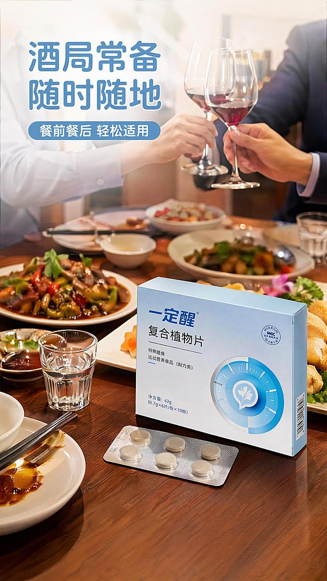 [第4屏] 一定醒复合植物片日常使用场景种草屏。[氛围/风格] 真实生活场景，轻松商务氛围，自然生活化摄影质感。[元素布局] 画面展示商务聚餐酒局场景，产品放置在餐桌侧边桌面，清晰露出产品包装，周围搭配餐具和酒杯，场景元素丰富，产品仍然是视觉中心。[光影质感] 室内柔和暖光，营造轻松自然氛围，产品清晰不虚化。[配色色系] 延续全局底色 #F5F8FA，主色餐桌木色+浅蓝产品，暖灰色调协调统一。[视角构图] 略微俯视场景视角，产品置于画面右下视觉重心。[文字版式] 左上主标题「酒局常备 随时随地」，副标题「餐前餐后 轻松适用」，圆角浅蓝字体，不遮挡产品主体。[比例分辨率] 9:16 竖版比例，4K分辨率，文字清晰可辨，高清画质。[负向提示词] 产品遮挡，场景杂乱，人物面部突兀，颜色失真