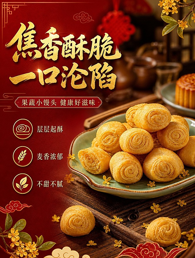 [商品] 使用【图1】中的果蔬小馒头实物图；保留小馒头螺旋卷造型、金黄色泽、焦香外观、真实纹理和大小比例；产品处理：增强酥脆质感和色泽饱和度，保持自然真实，不改变形态。
[画面] 目标：食欲氛围展示，激发中秋茶点场景购买欲。构图：左文右图式，右侧小馒头摆盘特写占画面约60%，放置在中式青瓷盘中；左侧文字区。前景散落几颗小馒头和桂花花瓣，中景主体摆盘，背景虚化的中式茶桌、茶壶、月饼一角，营造中秋品茶点氛围。阅读动线：左上标题→右侧产品→左下卖点。
[视觉] 套系策略：风格=中秋国潮喜庆商业摄影风；标题字=中式书法粗体，带轻渐变金箔质感；正文字=简洁宋体；主色=中国红+金色；背景延展=暖木色桌面+深红渐变背景，叠加细腻暗纹；强调色=暖金色，用于标题描边、图标、装饰线条；标题色=金色+红色渐变；正文色=深棕红；组件=中式云纹边框、圆形标签、桂花装饰元素；光影=左前侧暖柔光，食物表面有自然高光，显得酥脆有食欲。
[文字] 左上主标题「焦香酥脆 一口沦陷」8字，金色书法大字；副标题「果蔬小馒头 健康好滋味」8字，红色小字；下方配3个卖点短句：「层层起酥」「麦香浓郁」「不甜不腻」，配小图标。文字区在左侧，不遮挡主体食物。所有文字横排。
[规格] 图片比例3:4竖版，4K分辨率，负向提示：避免变形、错字、文字过小、冷蓝色调、食物颜色改变、现代餐具、无中秋氛围、单调背景。