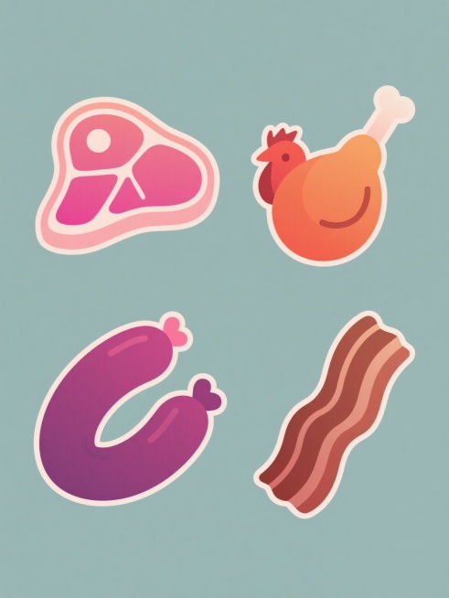 一套4个不同肉类元素的扁平化风格图标，保持统一的简约手绘线条风格，每个元素都有渐变色彩和清晰的轮廓线，分别为:1. 粉红色渐变的牛排，2. 橙红色渐变的鸡腿，3. 紫红色渐变的香肠，4. 棕红色渐变的培根，所有元素规整排列在纯色背景上，每个元素的形状和纹理细节都保持与原图一致的设计语言。预览效果