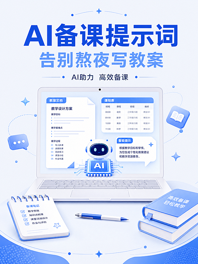 [第1屏] AI备课提示词引流详情页头图，主视觉宣传海报。
[氛围/风格] 小红书清新笔记风，现代简约专业，明亮干净，商业设计质感。
[元素布局] 页面中上区域放置醒目标题区，下方搭配简约科技感AI图标和笔记本电脑备课场景插画，主体信息占据画面65%左右，四周留适当留白，符合小红书图文版式。
[光影质感] 整体光线均匀明亮，主光照亮标题区域，柔和过渡，无生硬阴影，画面清晰干净。
[配色色系] 全局底色 #F5F8FF（浅蓝灰）；主体配色 #2D5BFF（深蓝主色）+ #FFFFFF（纯白）；辅助色 #60A5FA（浅蓝）。
[视角构图] 居中对称构图，从上到下阅读动线清晰，视觉焦点集中在标题区域。
[文字版式] 顶部大主标题“AI备课提示词”，加粗深蓝色字体；主标题下方副标题“告别熬夜写教案”，浅蓝色字体；再下方配小字标语“AI助力 高效备课”，底部放置简约装饰元素，文字排版层级清晰，不拥挤，所有文字清晰可读。
[比例分辨率] 3:4竖版比例，4K分辨率，文字清晰可辨。
[负向提示词] 变形，水印，文字错乱，结构错误，颜色偏差，背景杂乱，文字模糊。