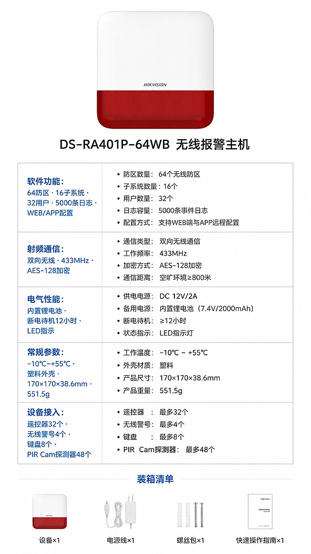 [第8屏] 详情页产品信息-规格参数与装箱清单（最后一屏）。本屏使用【图1】中的报警主机作为产品展示图，放置在画面上方。
[氛围/风格] 专业参数风，白底简洁，信息规整，商业产品参数页风格。
[元素布局] 画面上方为产品主机正面图，占比约25%，居中放置；产品下方是规格参数表，分为「软件功能」「射频通信」「电气性能」「常规参数」「设备接入」5个类别，每类3-4项核心参数；参数表下方是装箱清单，用图标+文字的横向排列展示；背景为纯白色，参数表用浅灰色细线分隔，清晰易读。
[光影质感] 平光产品图，清晰明亮，参数表无阴影干扰，信息一目了然。
[配色色系] 全局底色 #FFFFFF（纯白）；主色 #333333（深灰文字）；辅助色 #1565C0（标题蓝）、#EEEEEE（分隔线浅灰）、#666666（次级文字）。
[视角构图] 上下结构，产品在上，参数表在中，装箱清单在下，阅读动线从上至下。
[文字版式] 产品图下方主标题「DS-RA401P-64WB 无线报警主机」；参数表分5组，每组有蓝色小标题：「软件功能：64防区 · 16子系统 · 32用户 · 5000条日志 · WEB/APP配置」「射频通信：双向无线 · 433MHz · AES-128加密」「电气性能：内置锂电池 · 断电待机12小时 · LED指示」「常规参数：-10℃~+55℃ · 塑料外壳 · 170×170×38.6mm · 551.5g」「设备接入：遥控器32个 · 无线警号4个 · 键盘8个 · PIR Cam探测器48个」；底部装箱清单：「设备×1 电源线×1 螺丝包×1 快速操作指南×1」；所有文字清晰规整，表格对齐。
[比例分辨率] 9:16 竖版比例，4K分辨率，文字清晰可辨，高清画质。
[负向提示词] 产品变形，缺件错件，结构错误，颜色偏差，水印，文字错乱，文字过小，背景杂乱，参数错误。