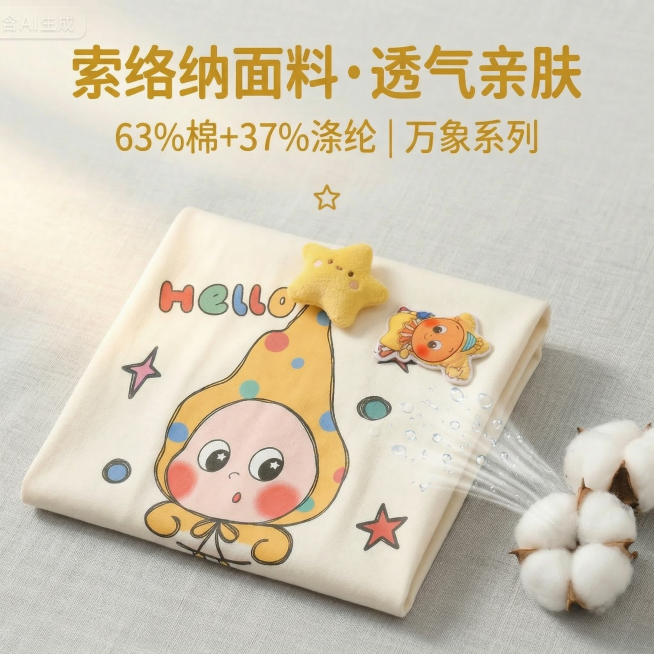 保留原画面整体构图、产品摆放、立体星星装饰和棉花团道具，修改顶部文字内容，主标题改为“索络纳面料・透气亲肤”，副标题改为“63%棉+37%涤纶 | 万象系列”，字体保持圆润可爱风格，颜色仍为暖黄色和浅预览效果