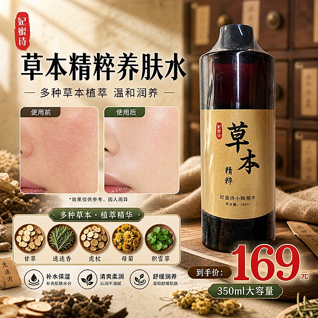 [单张主图] 妃蜜诗草本精粹小陶菊水 中药草本风格小红书主图 单张同时承担点击理解信任转化 突出植物草本成分与使用前后对比 价格169元

[画面主体] 画面中心偏右放置妃蜜诗小陶菊水产品瓶 占画面约40% 瓶身深褐色液体 米黄色牛皮纸标签 黑色书法字体草本精粹 红色印章式妃蜜诗logo 产品外观与输入图完全一致 瓶身有真实玻璃反光与曲面透视 底部有柔和接触阴影

[构图版式] 采用左文右品+上下分区的信息密集型版式 上半区左侧主标题 右侧产品主体 中部左右分栏展示使用前后对比 下半区左侧成分展示 右侧价格与卖点 整体信息分区清晰 不遮挡产品主体

[场景元素] 整体中药铺复古风格背景 暖棕米黄色调 背景虚化呈现中药柜抽屉纹理 隐约可见麻布 旧木托盘 干草药束 画面左下角散落少量晒干后偏黑褐色的草本药材 有甘草片 菊花干 迷迭香叶 虎杖根切片 用细线标签标注成分名称 画面中部左右两个圆角画框 左侧暗调标注使用前 皮肤干燥泛红 右侧亮调标注使用后 皮肤水润透亮 同角度同光线对比 下方小字标注效果仅供参考

[文案版式] 左上角红色印章式品牌logo 妃蜜诗 主标题大号粗黑体 草本精粹养肤水 副标题中号 多种草本植萃 温和润养 成分区文字 甘草 迷迭香 虎杖 母菊 积雪草 多种草本 功效区文字 补水保湿 清爽柔润 舒缓润养 补充肌肤水分 右下角大号价格数字 169元 下方小字 350ml大容量 所有文字横排 清晰可读 不出现生产厂家信息 不出现化学成分名称 不写总共多少种草本

[光影质感] 自然光从左上方斜射 柔和窗光效果 瓶身玻璃有清晰高光带 液体通透有质感 背景浅景深虚化 整体暖调柔光 复古中药铺氛围 商业摄影质感 产品真实立体

[配色字体] 主色暖棕米黄 辅助色深褐墨绿 强调色朱砂红 主标题用粗黑体 辅助文案用细黑体 字号层级分明 标题最大 价格次之 说明文字最小

[比例分辨率] 1:1比例 2k分辨率 文字清晰可辨 产品清晰完整

[负向提示词] 变形 错字 糊字 水印 平台logo 二维码 生产厂家信息 化学成分名称 夸张p图 医疗功效暗示 主体遮挡 背景杂乱 低清晰度 畸形瓶身 手指 人物面部
