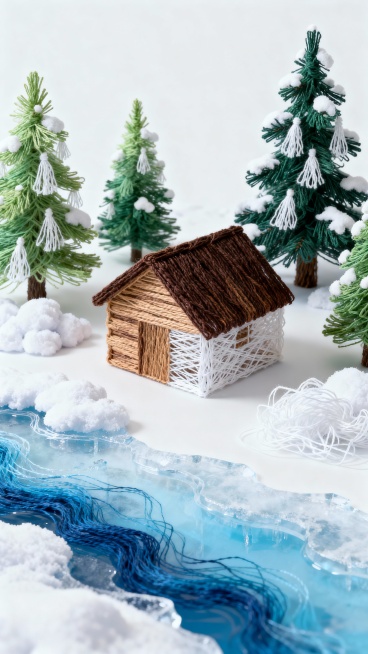 居中斜构图的一抹蓝色上（冬季景色，小木屋，松树林，厚厚的积雪，结冰的河水），极简俯视图预览效果