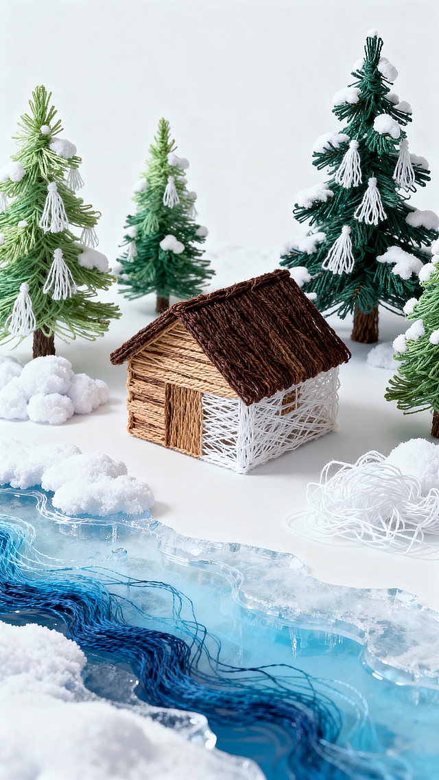 居中斜构图的一抹蓝色上（冬季景色，小木屋，松树林，厚厚的积雪，结冰的河水），极简俯视图