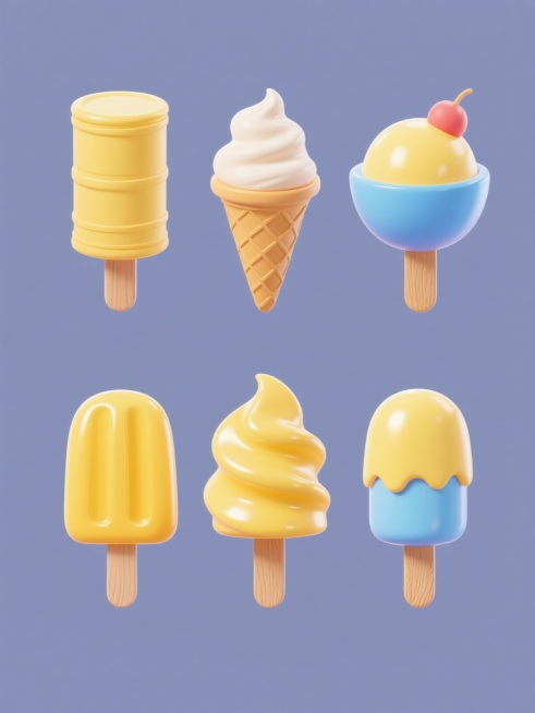 6个完全不同造型的雪糕系列素材集合，包含圆筒冰激凌、碗状冰激凌等多种形态，均采用3D立体风格，表面光滑有光泽，具有明显的高光和阴影效果，色彩鲜明且过渡自然，使用黄色、蓝色等明快色调，搭配木质纹理的雪糕棍，所有元素规整排布在纯色背景上，整体呈现出可爱、清爽的氛围。预览效果