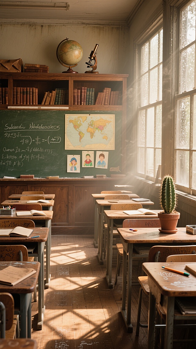 广角镜头，清晨阳光透过布满露珠的老式铁框玻璃窗，在百年老校的木质地板上投射出菱形光斑，教室前方的墨绿色黑板上用白色粉笔写着未完成的数学公式和莎士比亚诗句，旁边贴着泛黄的世界地图和学生们的水彩画。三十张樱桃木课桌整齐排列，每张桌面都留有不同年代学生的刻痕和涂鸦，上面散落着翻开的牛皮纸笔记本、金属铅笔盒和半融化的蜡笔。教室后方的橡木书柜里塞满了包着棕色牛皮纸的旧书，最高层摆放着一个1950年代的地球仪和铜制显微镜。阳光中漂浮着细微的尘埃，空气中混合着粉笔灰和旧纸张的干燥气息，靠近窗户的课桌上放着一盆快要开花的仙人掌，整个空间被柔和的琥珀色晨光笼罩，时间仿佛凝固在某个被遗忘的早读时刻。