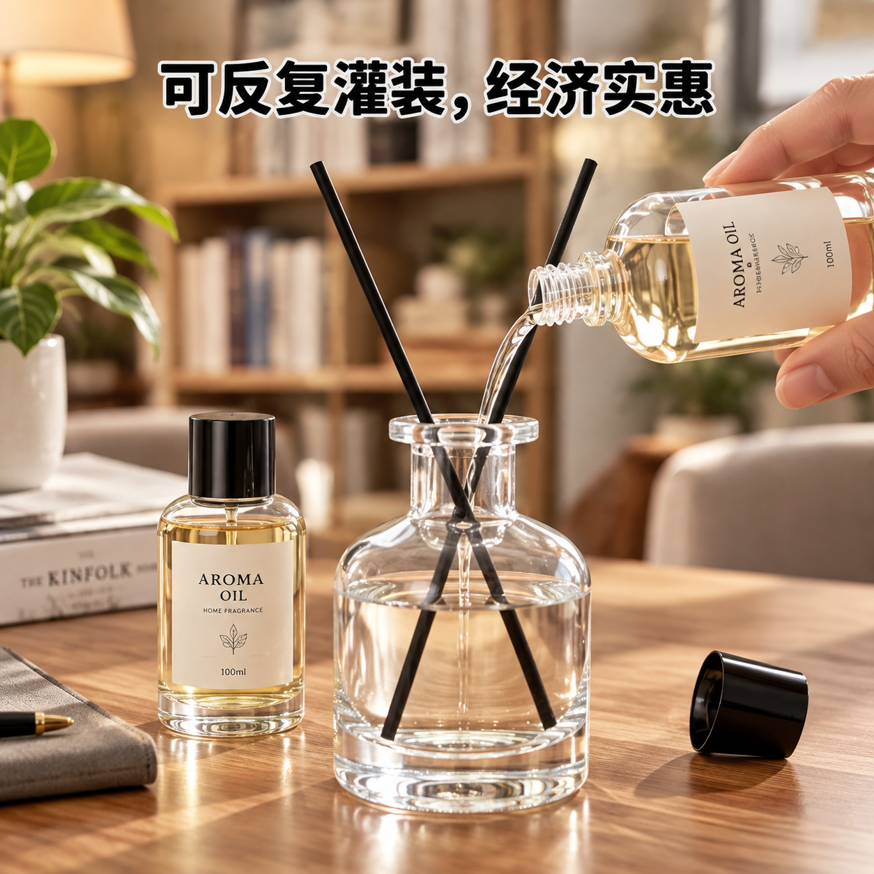 电商商品主图，960×960，圆肚透明香薰玻璃瓶，瓶内插两根黑… - 图片创意预览