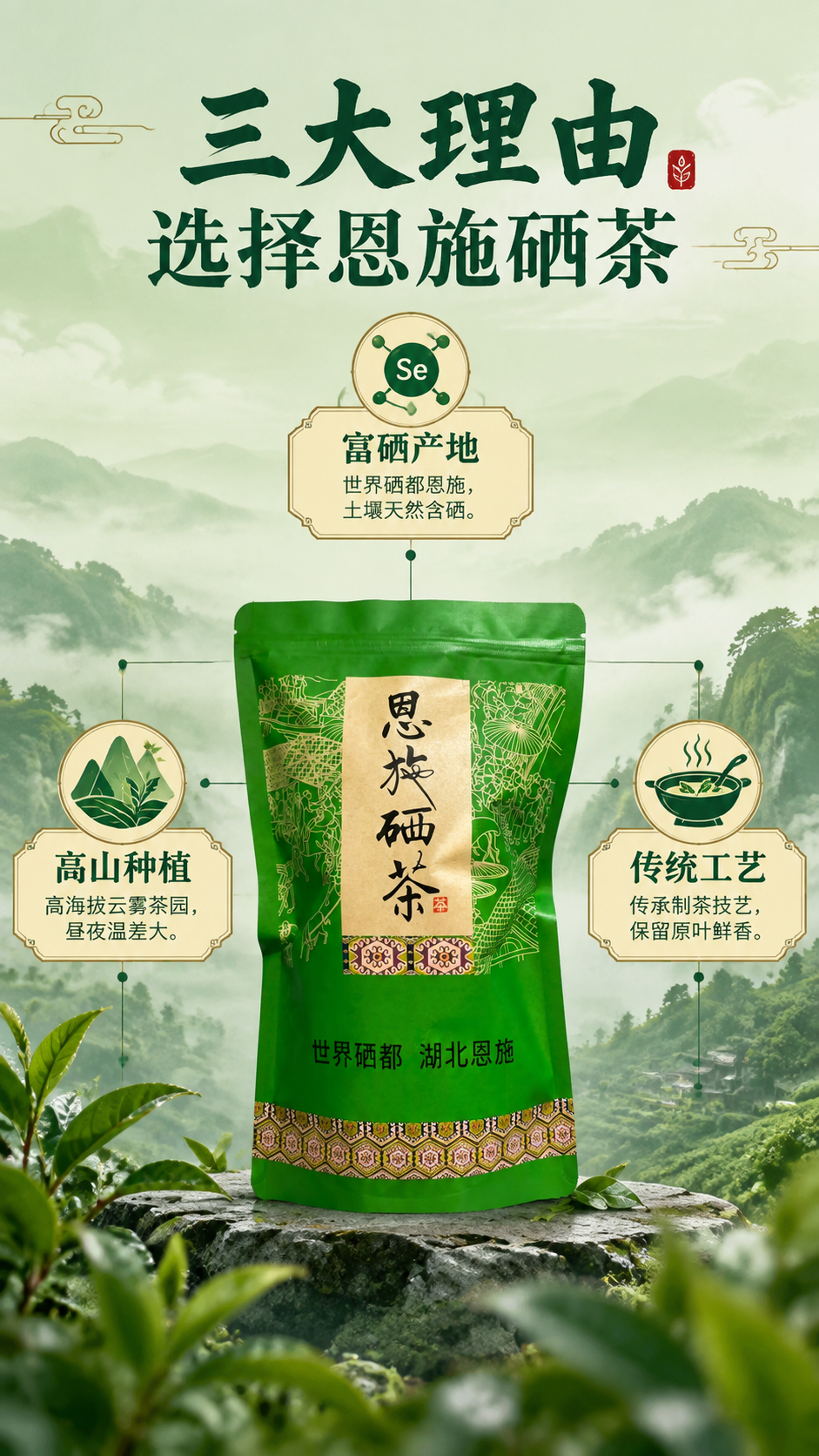 [商品] 使用【图1】恩施硒茶绿色自封袋包装，置于画面中心占约… - 图片创意预览