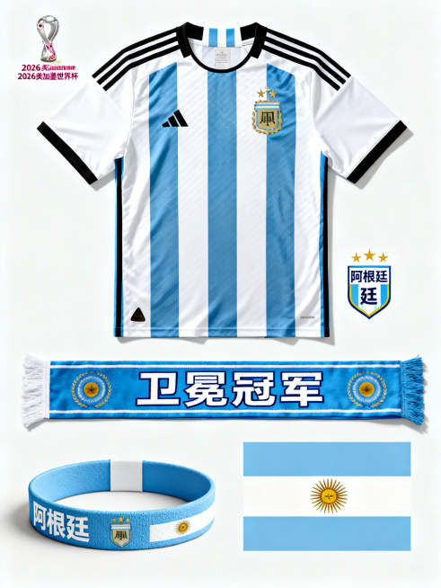 2026美加墨世界杯阿根廷主题球迷周边商品组合展示，包含蓝白条纹主题T恤、球队围巾、主题腕带和阿根廷国家旗帜，卫冕冠军风格，专业电商商品图，干净背景，细节清晰预览效果