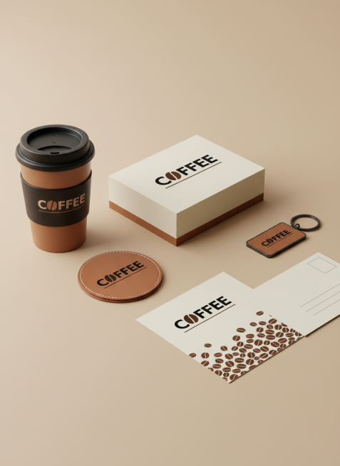 参考这个LOGO，做一套文创品牌视觉设计，品牌名称为“coffee"，包括水杯，便签纸砖，杯垫，钥匙扣，明信片等。暖棕视觉主色调，现代、精致、亲切现代风格预览效果