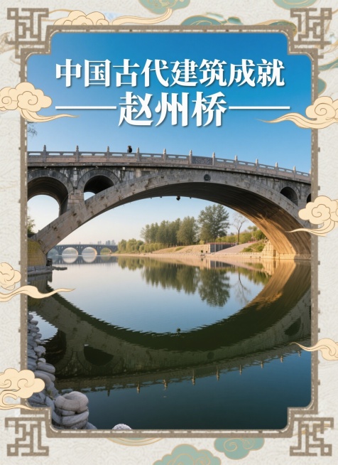赵州桥写实摄影作品海报，顶部大字标题"中国古代建筑成就——赵州桥"，晴天自然光下的赵州桥全景，水面倒影清晰，画面融入传统祥云装饰边框，整体大气庄重，中式风格排版预览效果