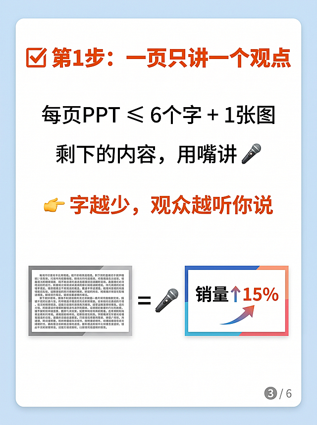 小红书图片脚本（3:4竖版｜1242×1660 px）
整体风格
专业汇报干货 · 清爽商务 · 高识别度
主色调：深蓝（#1B3B6F）+ 亮湖蓝（#2F8FBF）+ 浅灰白（#F4F7FB）
字体：标题用思源黑体 Bold，正文用思源黑体 Regular
元素：PPT图标、黑屏聚光灯、翻页箭头、老板抬头插画
情绪：痛点共鸣 → 小技巧惊喜 → 掌控汇报自信

第1页 · 封面
项目	内容
标题	PPT全是字？
3步让老板抬头看👀
副标题	一页一观点 · 按B黑屏 · 讲完再翻
年龄标签	30+职场进阶必备
底部文案	别再让PPT抢你的台词👇
视觉元素	左侧PPT图标上密密麻麻“字”乱码状，右侧老板人物抬头+点赞手势；大号“3步”立体字；右上角“汇报救命”贴纸
背景色	深蓝 #1B3B6F，文字白色，重点橙色 #F2A65A
第2页 · 痛点场景
项目	内容
标题	你是不是这样？
正文	PPT上写满字，你对着念
台下：看手机、打哈欠、眼神空洞💢
破局句	换这3步，让老板全程看你👇
视觉元素	台下三人剪影：一人看手机、一人打哈欠、一人闭眼；台上小人对着满屏文字PPT念；对比箭头指向下一页
背景色	浅灰白 #F4F7FB，深蓝色强调框
第3页 · 第1步：一页只讲一个观点
项目	内容
标题	✅ 第1步：一页只讲一个观点
核心规则	每页PPT ≤ 6个字 + 1张图
剩下的内容，用嘴讲🎤
金句	👉 字越少，观众越听你说
视觉元素	左右对比：左边PPT满屏字（灰色），右边PPT仅“销量↑15%”大字+上升箭头（彩色）；中间等号指向麦克风图标
背景色	白色卡片 + 浅蓝底，金句橙色
第4页 · 第2步：按B键黑屏（冷门神技）
项目	内容
标题	✅ 第2步：按B键黑屏（很多人不知道）
操作说明	讲到重点时，按 B 键让屏幕全黑
所有人的目光瞬间聚焦在你身上✨
再按一次B键恢复
效果	全场只有你，没有PPT干扰
视觉元素	键盘上B键高亮发光；屏幕黑屏状态，一束聚光灯打在演讲者身上；周围眼睛图标看向演讲者
背景色	深蓝底（模拟黑屏氛围），白色文字，橙色B键大字
第5页 · 第3步：讲完再翻页
项目	内容
标题	✅ 第3步：讲完再翻页
对比	❌ 边讲边翻 → 观众晕了
✅ “第一点是A…（讲完）…好，我们看第二点”（再翻页）
金句	👉 节奏稳，观众跟着你走
视觉元素	分格动画：第1格演讲者说话+PPT在第1页；第2格说话气泡结束；第3格手指按翻页器；箭头标出“稳”字
背景色	浅灰白，卡片式排列
第6页 · 真实反馈 + 行动指令
项目	内容
标题	💬 改完PPT后…
正文	老板说“比之前清楚太多了”
还被邀请去教别的同事怎么讲PPT
行动	🔥 明天汇报前，试试按B键那一招
互动	👇 你PPT上最多一页写过多少字？
标签区	#PPT技巧 #汇报演讲 #职场提升 #30岁职场
视觉元素	对话框“老板点赞”；日历上红圈标注“明天”；评论区手写输入框
背景色	深蓝底，白色文字，橙色按钮风格
第7页 · 金句总结（可选项，也可合并到第6页）
项目	内容
大金句	🔑 PPT是提词器，
你才是主角
小贴士	📌 建议截图保存，下次汇报前看一遍
视觉元素	PPT讲台，演讲者发光；手机截图保存界面
背景色	浅灰白，金句黑底金字
设计师补充说明
页码：6-7页均可，建议6页（封面、痛点、三步各1、反馈互动、金句总结）

关键数字“1、2、3”用橙色加粗

键盘B键图标：可用真实键盘局部特写手绘风格

每页右下角加小页码（例：❶ / ❻）

插画风格：极简职场人物，避免低幼，线条干练

字体大小：标题≥40pt，正文≥26pt，小字≥18pt
