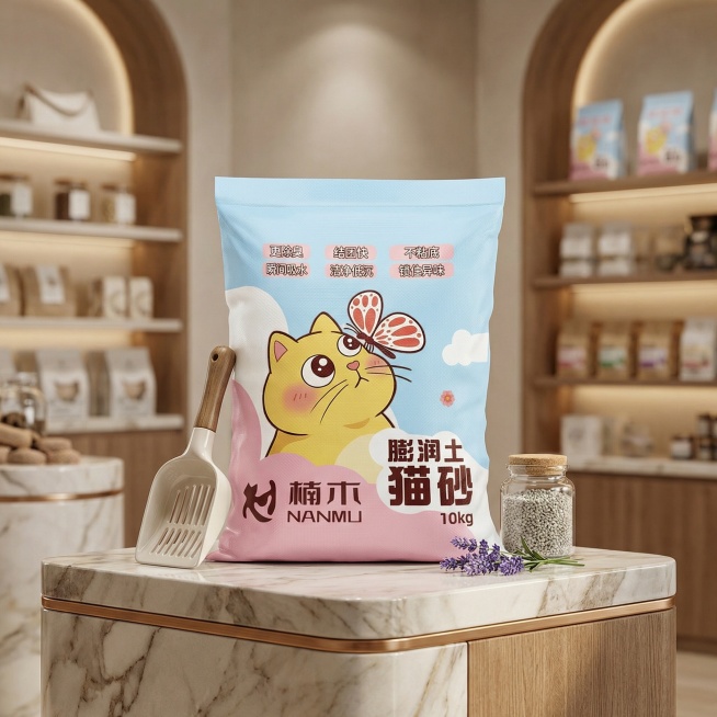 将背景替换为高端宠物用品展示台场景，突出猫砂的高品质感，画面整体风格精致高级，保留包装上的“膨润土猫砂”“楠木 NANMU”“10kg”以及“更除臭、瞬间吸水、结团快、洁净低沉、不粘底、锁住异味”文案预览效果