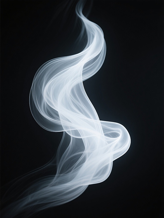 纯黑背景上，一团形态如灵动飘带般的白色雾气，具有轻盈通透的质感，边缘柔和渐变，内部呈现出细腻的丝状纹理和层次感，整体呈现出向上飘逸、优雅灵动的动态姿态，光影效果柔和，高光部分明亮而不刺眼，营造出神秘而宁静的氛围。
