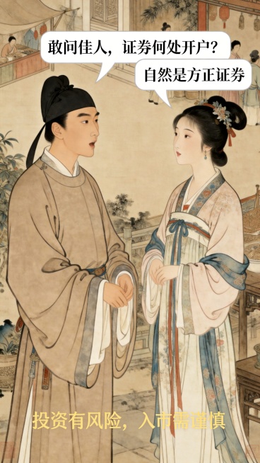 在原有图片基础上修改，仅修正错别字：将错写的"劵"改为正确的"券"，保持画面内容不变，保持中国宋朝工笔画风格，玉郎小娘子人物对白：玉郎问「敢问佳人，证券何处开户？」，小娘子答「自然是方正证券」，字体使预览效果