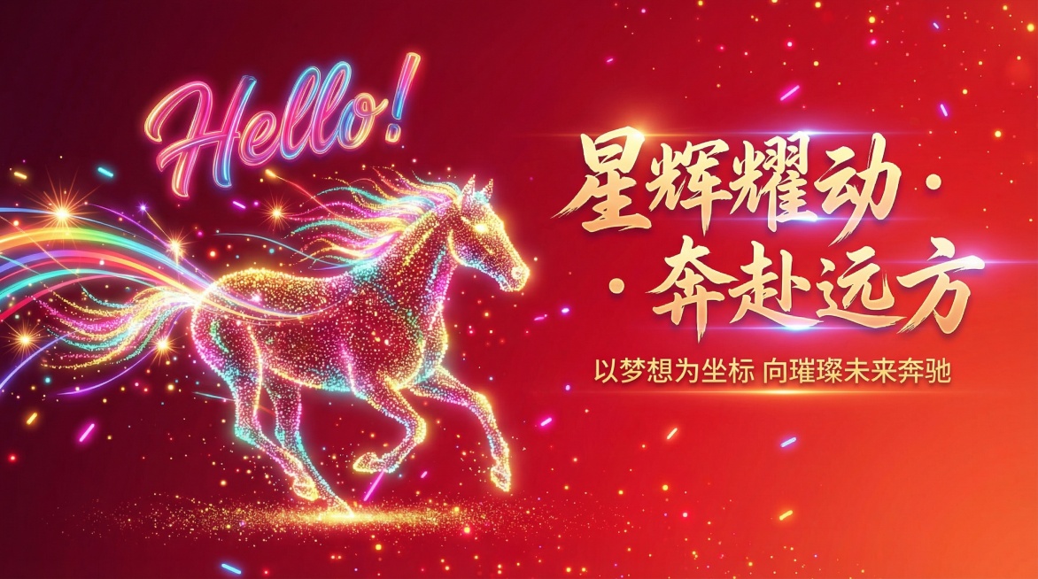 比例 16:9，画面主体是一匹由彩色粒子汇聚而成的奔马，四肢舒展向前奔跑，鬃毛与尾巴流淌出彩虹色的光效丝带，在红色渐变背景中迸发璀璨星光。画面左上角用粗体艺术字呈现 “Hello!”，右上方是 “星辉预览效果