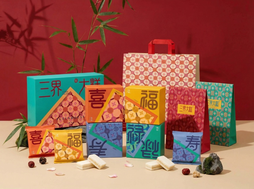 请将图一图二图三图四图五中的单品排列组合放到最后一张场景中，场景的背景改成红色，米色为底预览效果