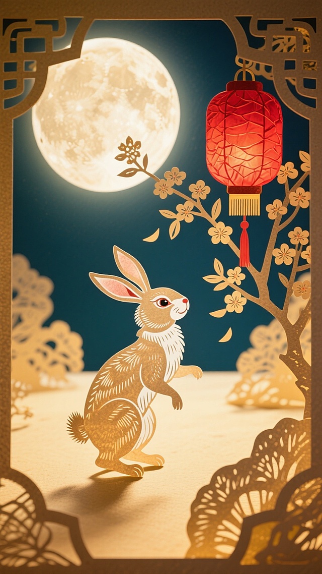 满月当空，红灯笼摇曳，金兔立于月下，嗅着花枝香气，传统元素交织，满是中秋团圆与祥瑞的美好意趣