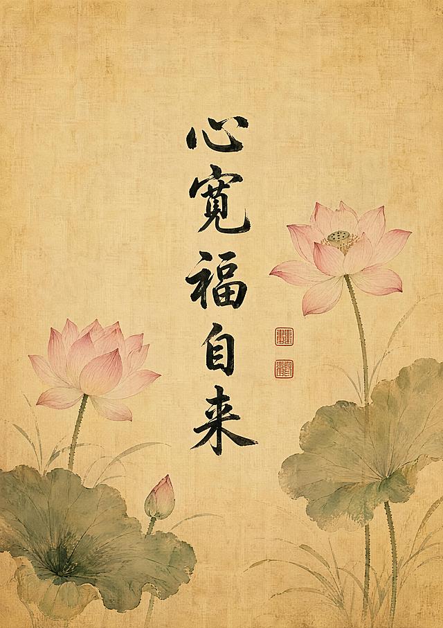 新中式禅意古绢装饰画，暖黄做旧绢布肌理底色，画面晕染两枝淡粉荷花与荷叶，画面中间竖排书法大字「心宽福自来」，旁侧点缀两枚红色小印章，画风雅致温润，适配送长辈、茶室摆放，纯平面画芯无边框无相框，高清细腻，适配桌面摆台印刷，竖版构图，主体严格居中，四周少量均匀留白预留裁切空间，300DPI超清印刷画质，纯平面无边框无相框无实景样机，高清细腻适配桌面摆台印刷