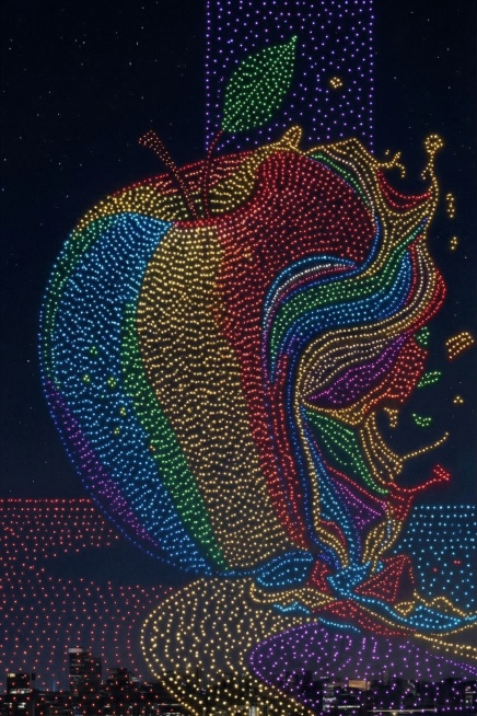 将画面改为无人机灯光秀效果，每个像素由一台无人机组成，保留原构图和色彩，夜晚背景，无人机灯光呈现出原图的彩虹苹果图案预览效果