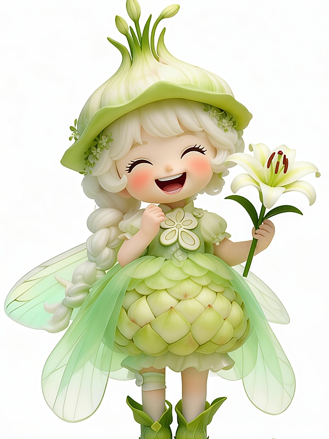 把小女孩改成3D形式，开心的笑，手里拿着一颗无锡鲜百合