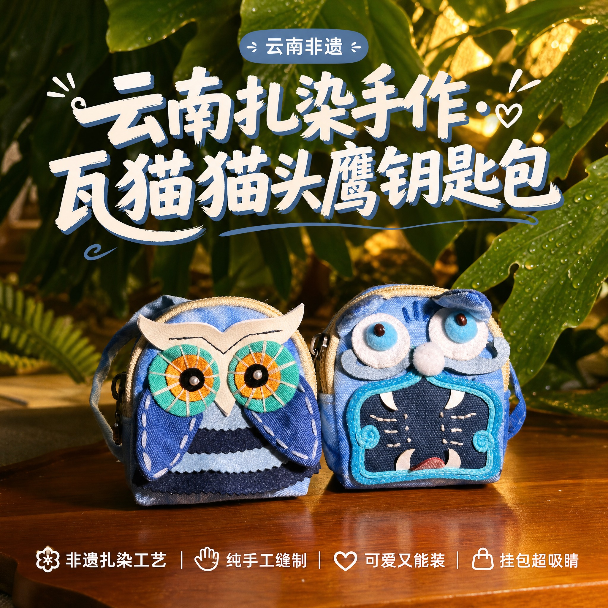 小红书风格云南扎染手作瓦猫猫头鹰钥匙包商品主图，1:1正方形构… - 图片创意预览