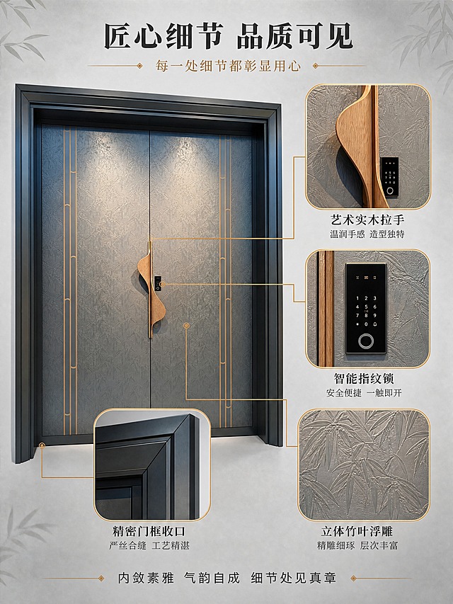 [商品] 使用【图1】臻尚铂门竹叶纹全铝精雕大宅大门；保留全部外观特征，本张做关键部位细节放大展示。
[画面] 页面目标：关键部位细节微距，主图+细节卡型。大门主体居中偏左，占约50%，正面角度。右侧和下方分布4个圆形或圆角矩形细节放大框，用细金线连接到大门对应部位：1.连接木质长拉手 放大展示拉手木纹质感与造型曲线；2.连接指纹锁区域 放大展示智能锁面板与按键；3.连接门框边角 放大展示门框收口工艺与拼接精度；4.连接门板竹叶纹 放大展示精雕竹叶纹理的立体层次。阅读动线：顶部标题→左侧主体+右侧细节框→底部细节总结。背景为浅灰渐变。
[视觉] 套系策略：风格=新中式东方雅致商业摄影；标题字=宋体类衬线粗体；正文字=简洁无衬线体；主色=高级灰青；背景延展=基于灰青做深浅层级和细腻质感；强调色=古铜金，仅用于引线、细节框边框和标题点缀；标题色=深炭灰近黑；正文色=中暖灰；组件=圆角细节放大框、细金线引线、细节名称标注；光影=侧光突出细节纹理，放大框内纹理清晰锐利。
[文字] 顶部居中主标题「匠心细节 品质可见」，深灰色；副标题「每一处细节都彰显用心」，古铜金色。4个细节框分别标注：「艺术实木拉手」 温润手感 造型独特；「智能指纹锁」 安全便捷 一触即开；「精密门框收口」 严丝合缝 工艺精湛；「立体竹叶浮雕」 精雕细琢 层次丰富。底部一行：「内敛素雅 气韵自成 细节处见真章」。所有文字横排。
[规格] 图片比例3:4竖版，4K，避免变形、错字、文字过小、细节模糊、水印、平台logo。